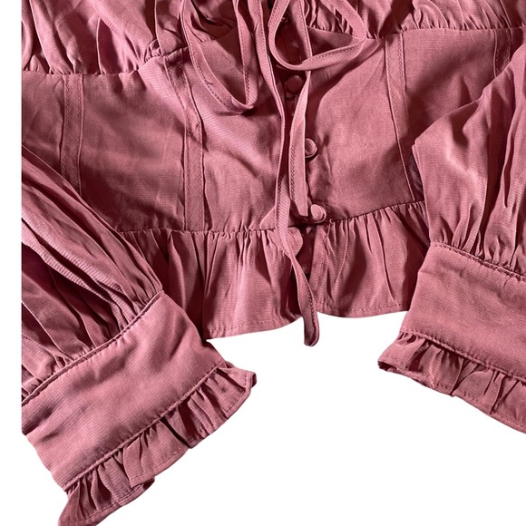 HYFVE Mauve Pink Ruched Bust Tie Front Ruffle Crop Top Long Sleeve Size L - Picture 7 of 7